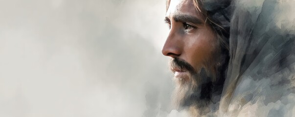 Serene artistic portrait of Jesus Christ with gentle expression and soft blurred background, ideal for inspirational prints, religious publications, and spiritual artwork displays