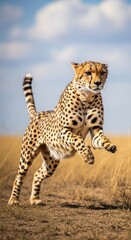 Graceful cheetah mid-leap against a serene sky in the African savanna
