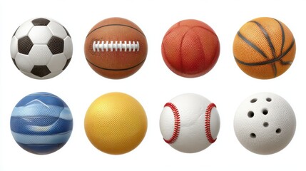 Sport activity balls, variety set bundle PNG transparent background, isolated graphic resource cutout. Soccer, american football, basketball, baseball, volleyball, tennis, golf, bowling