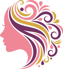 Illustration of a pink silhouette of a woman with decorative hair in gold and purple swirls design