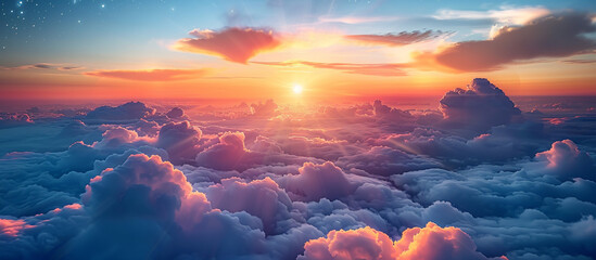 Aerial sunset over clouds, stars in distance, sky background, ideal for wallpaper