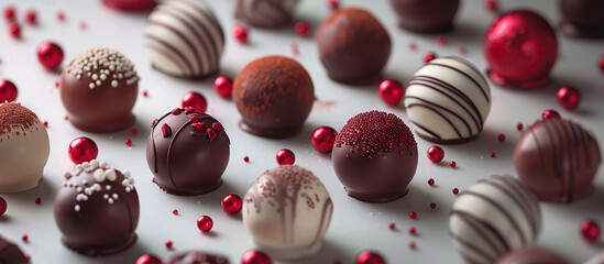 Assorted chocolate truffles with red sprinkles on white surface