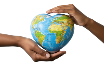 Global unity in action hands cradling earth in heart shape symbolizing love for our planet bright studio. Cut out png