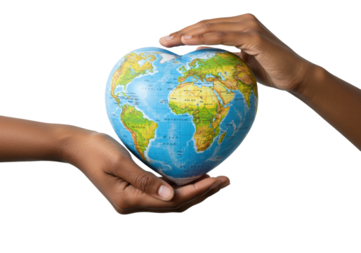Global unity in action hands cradling earth in heart shape symbolizing love for our planet bright studio. Cut out png