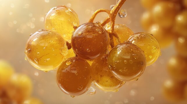 Close up of juicy golden amber colored grapes covered in water droplets with soft bokeh background