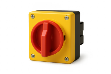 Red emergency stop button on yellow switch panel with transparent background