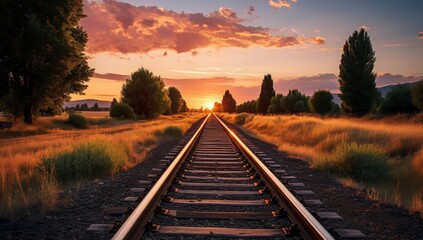 Obraz premium A vibrant sunset illuminates a railway track flanked by trees and fields, creating a serene and picturesque landscape.