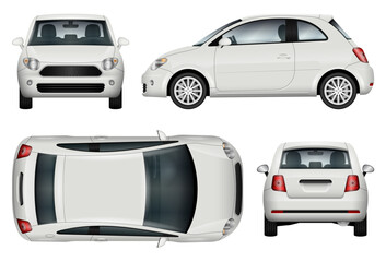 Mini car vector template for car branding and advertising. Isolated minicar set on white background. All layers and groups well organized for easy editing and recolor. View from side, front, back, top