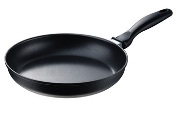 Black nonstick frying pan with handle isolated on transparent background