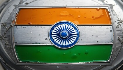Brushed silver engraved Indian flag with enamel inlays, luxury macro minimalism
