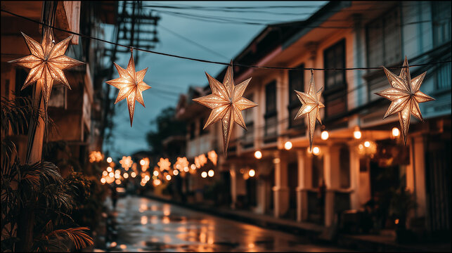 Traditional Parol Lanterns Lighting Up the Streets During Simbang Gabi Celebration in the Philippines at Night
