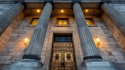 Majestic classical building entrance with ornate golden doors and grand stone columns illuminated at dusk