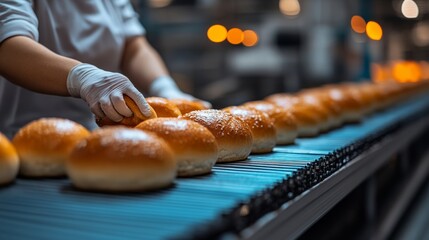 Freshly baked hamburger buns glide down the conveyor belt as skilled bakers select them with precision in the bakery