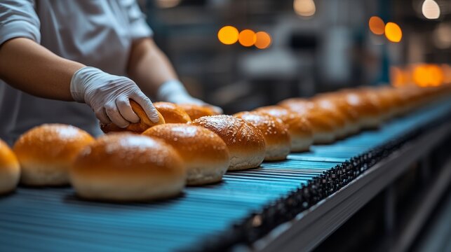 Freshly baked hamburger buns glide down the conveyor belt as skilled bakers select them with precision in the bakery