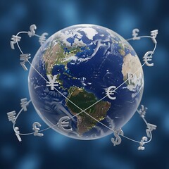 Global finance concept showing a network of international currency symbols orbiting planet Earth.