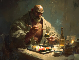 寿司を食べる男性の絵画