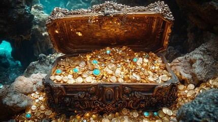 A treasure chest in a mystical underwater cave holds golden coins and blue gems, inviting adventure