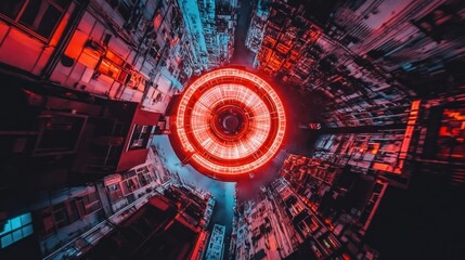 Futuristic cityscape with a central glowing portal, invoking a sense of sci-fi and mystery