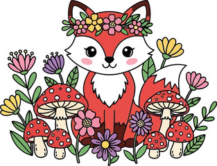 A cartoon fox with a flower crown surrounded by mushrooms and flowers on a white background