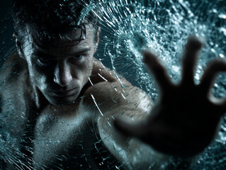 分厚いガラスを生身で突き破る男性