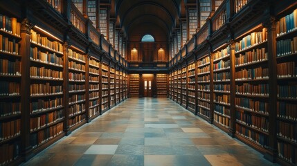 Rows of towering bookshelves bathed in warm light create a captivating atmosphere for knowledge seekers