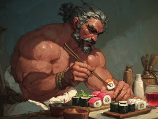 寿司を食べる男性の絵画