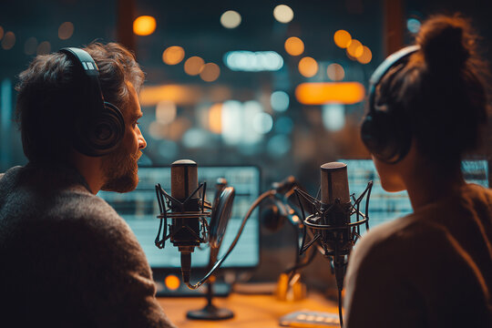Two people recording a podcast in a modern studio, bright studio lights, microphones and headphones