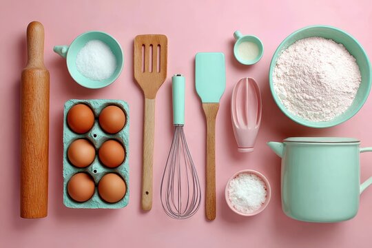 Overhead shot of baking utensils with eggs, flour, sugar on a pink background. Use it for blogs about pastry or desserts, or cooking lessons illustrations.