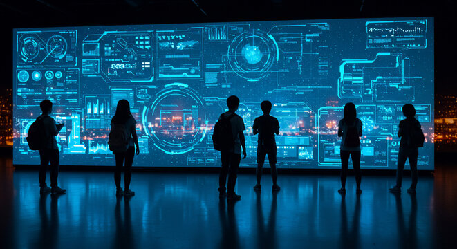 A group of people stand in front of a large screen displaying complex data visualizations and cityscapes, bathed in blue light. - Powered by Adobe
