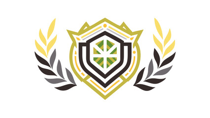 Obraz premium Shield logo emblem with leaves and geometric design heraldry vector graphic illustration template design