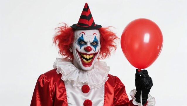 Scary clown in red costume with creepy makeup holding red balloon on white background.