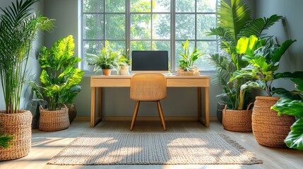 A tranquil workspace with lush plants, gentle sunlight, and a minimalist wooden desk for focus and creativity