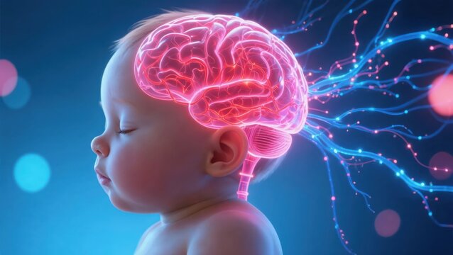 Baby brain development concept with neural connections and glowing synapses illustration. - Powered by Adobe