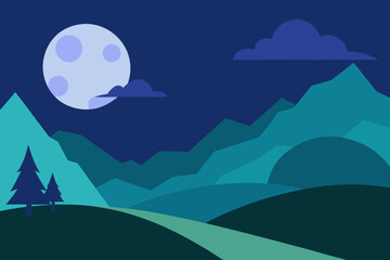 Stylized night landscape with moon and mountains