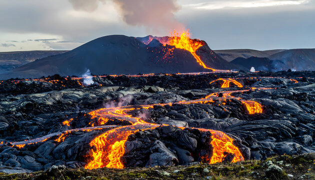 Active volcano flowing lava
