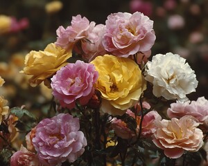A vibrant bouquet of delicate multicolored roses in full bloom on a garden background