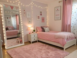 Cozy pink bedroom with fairy lights and a full length mirror