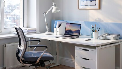 Bright and Clean Workspace: A Modern Home Office Featuring Minimalist Design, Natural Light, and Functional Organization