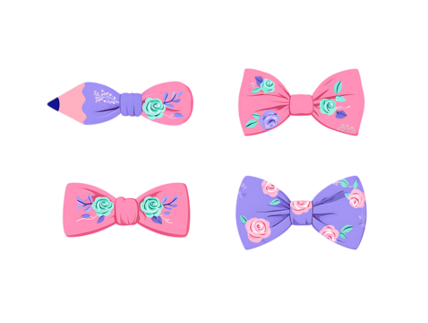Cute Pastel Floral Bow Ties: Pink, Purple, Pencil Design; Perfect for Stationery, Fashion, and Children's Products.