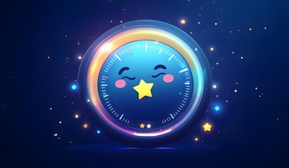 illustration of a digital speedometer with smiley faces and stars on a blue background