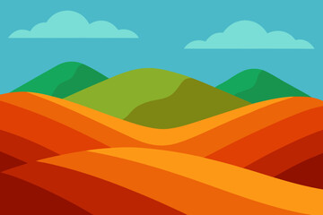 Fototapeta premium Stylized landscape with rolling hills and clouds in flat design