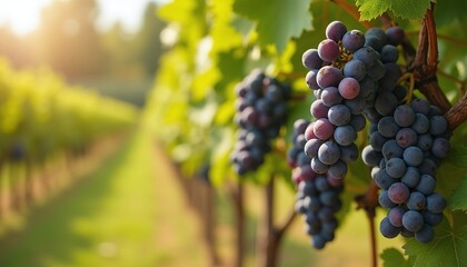 Naklejka premium Grapevine in Sunlight, blurred vineyard scenery in the background