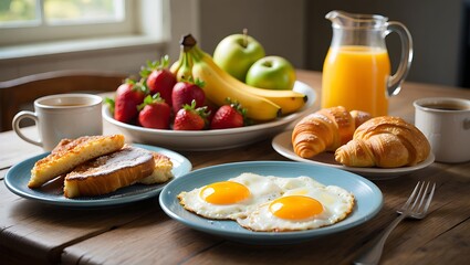Delicious breakfast spread with eggs croissants fruit and juice