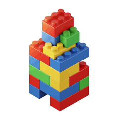 Fototapeta premium A colorful tower of glossy interlocking plastic toy bricks in red blue yellow and green.