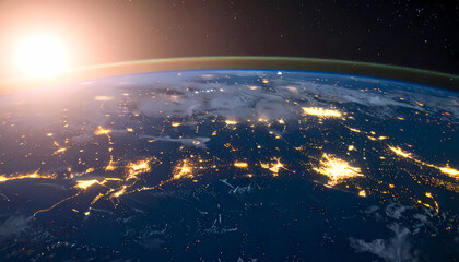 Obraz premium Earth sunrise city lights view