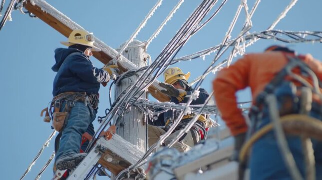Winter utility crew repairing frozen power lines and restoring electricity during emergency service video