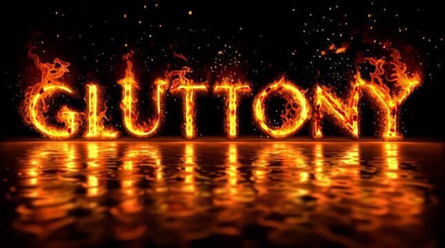 Gluttony in animated fire letters - burning type treatment word or phrase - seven deadly sins, or religious sin excess concept - flames surround letter on black background - fires of hell, series