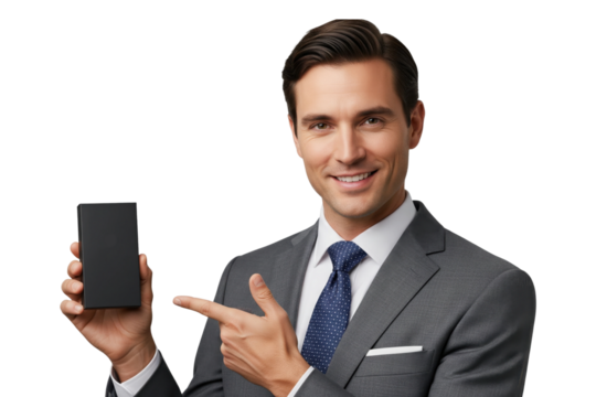 Smiling businessman in grey suit presenting black product box - Powered by Adobe