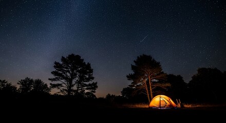 A Lone Tent's Warm Glow Under a Meteor-Streaked Starry Night