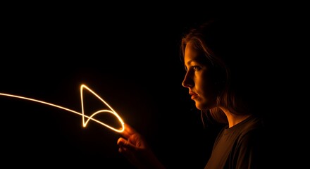 long exposure light painting in the dark, subject on the left side, facing right, with copy space on the right side. ,hyper realistic digital art ,isolated on bright background